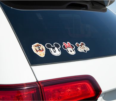 Decals of - Tasmanian Devil (Taz), Mickey Mouse, Minnie Mouse, Wile E. Coyote. Looney Toons, and Disney on the rear window of a car.