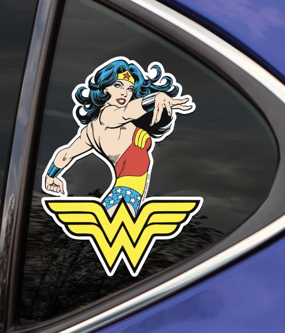 Sticker of the DC character Wonder Woman on a car window